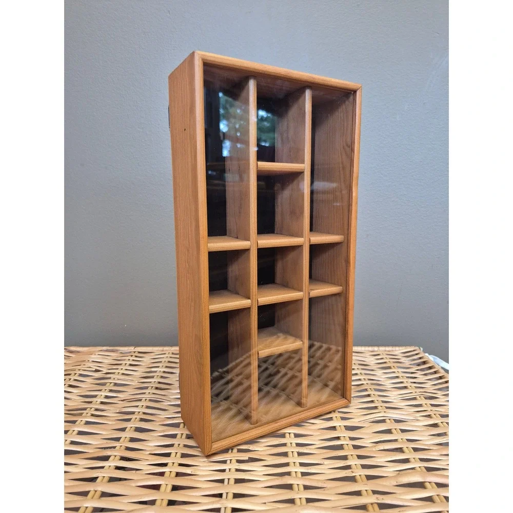 Vintage Tannery Lane Wood Shadow Box Curio Glass Display Case MCM Wall Shelf